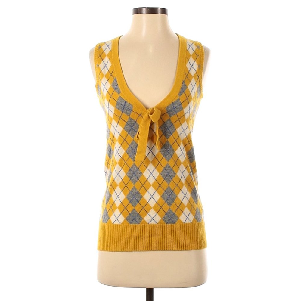 J Crew ModCloth Preppy Argyle Mustard Bow Cashmere Sweater Vest